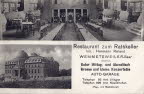 Rathaus Wemmetsweiler mit Innenansicht des großen Saales und der Gesamtansicht. Werbung mit "Restaurant zum Ratskeller".